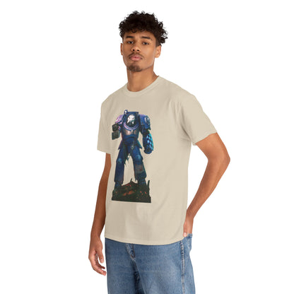 Stylish male model presenting a beige graphic T-shirt adorned with a captivating sci-fi design, embodying a blend of retro charm and contemporary fashion.
