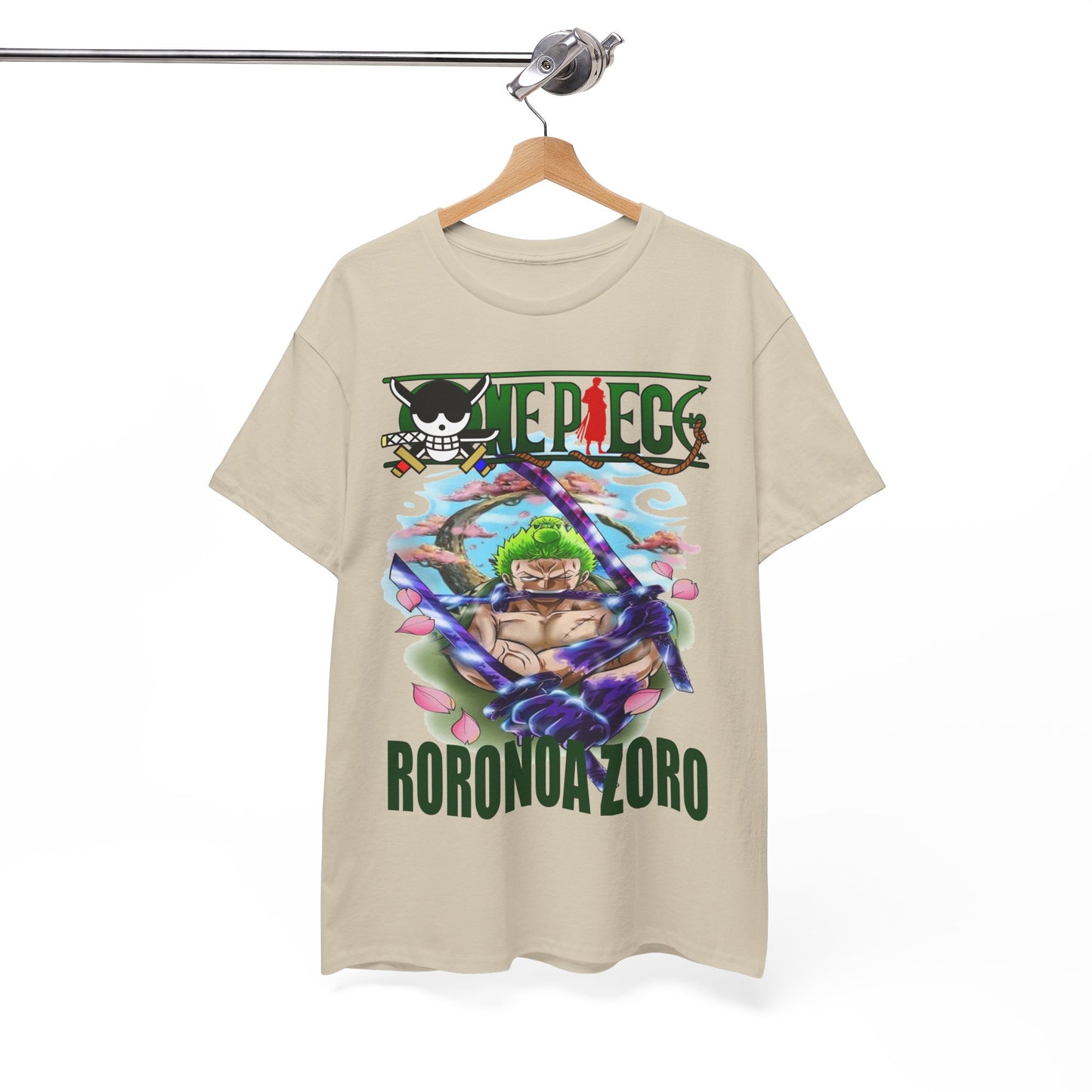 Elegant Roronoa Zoro T-shirt displayed on a hanger, highlighting the exquisite artwork and vibrant colours, perfect for showcasing anime passion in a refined manner.