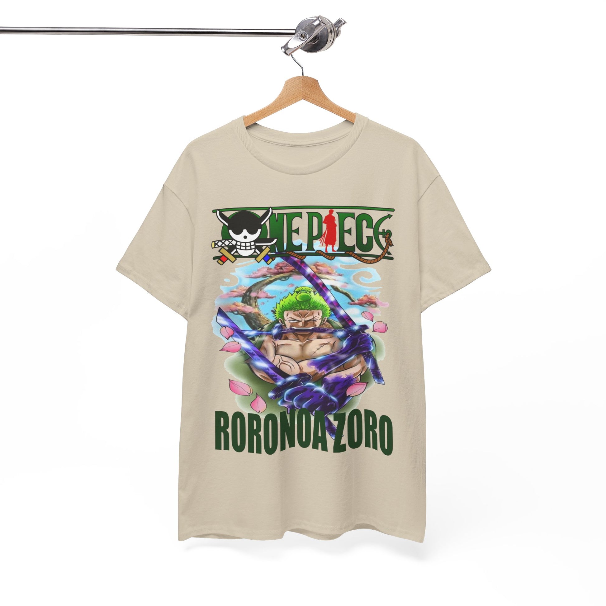 Elegant Roronoa Zoro T-shirt displayed on a hanger, highlighting the exquisite artwork and vibrant colours, perfect for showcasing anime passion in a refined manner.