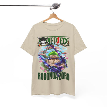 Elegant Roronoa Zoro T-shirt displayed on a hanger, highlighting the exquisite artwork and vibrant colours, perfect for showcasing anime passion in a refined manner.