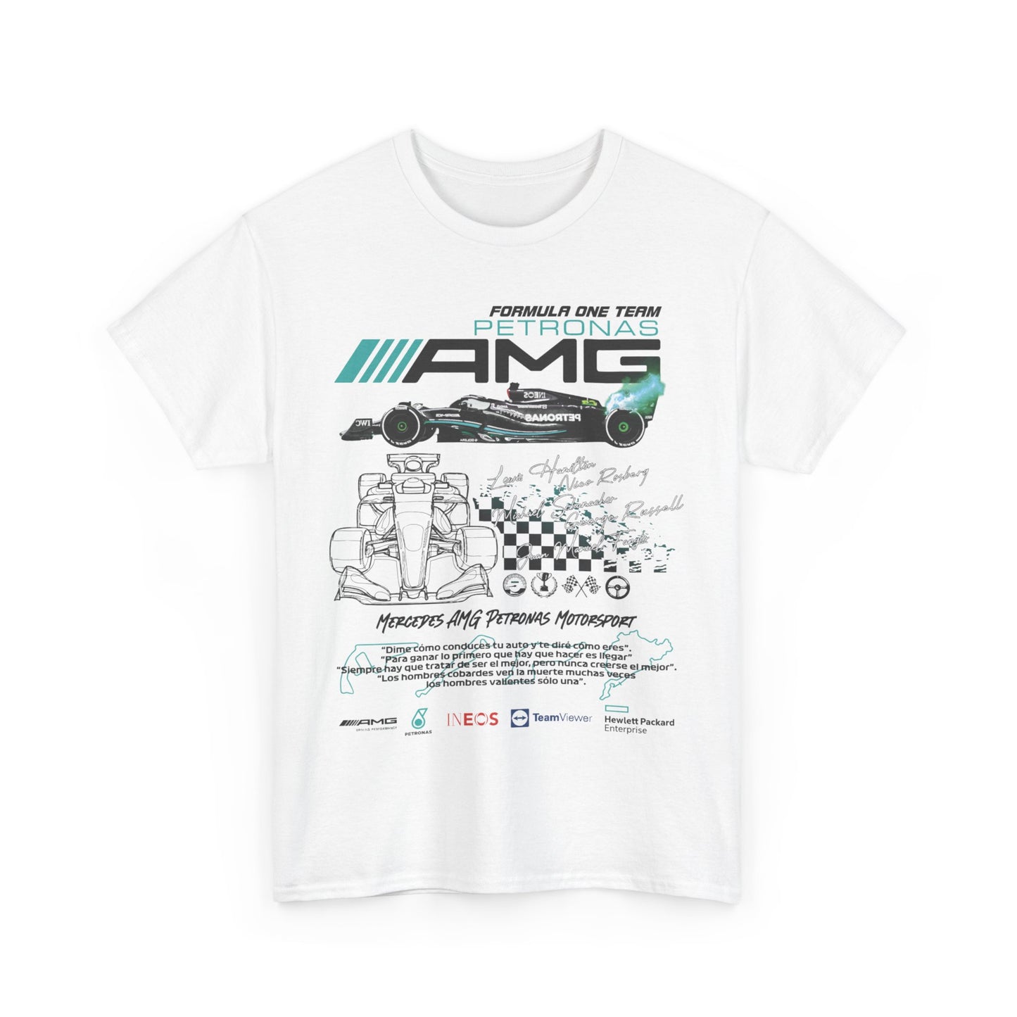 Luxury Men's F1 Mercedes AMG Petronas T-Shirt featuring dynamic race car graphics and a bold design, ideal for motorsport enthusiasts.