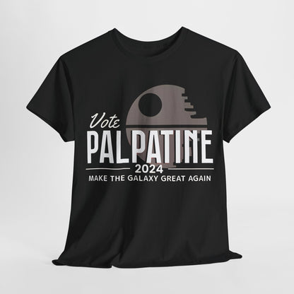 Vote Palpatine Star Wars Graphic T-Shirt Urban Unisex Cotton Tee featuring a bold design on a black backdrop, showcasing the iconic Death Star silhouette with the text ‘Vote Palpatine 2024’ and ‘Make the Galaxy Great Again’. Perfect for fans of luxury pop culture fashion.