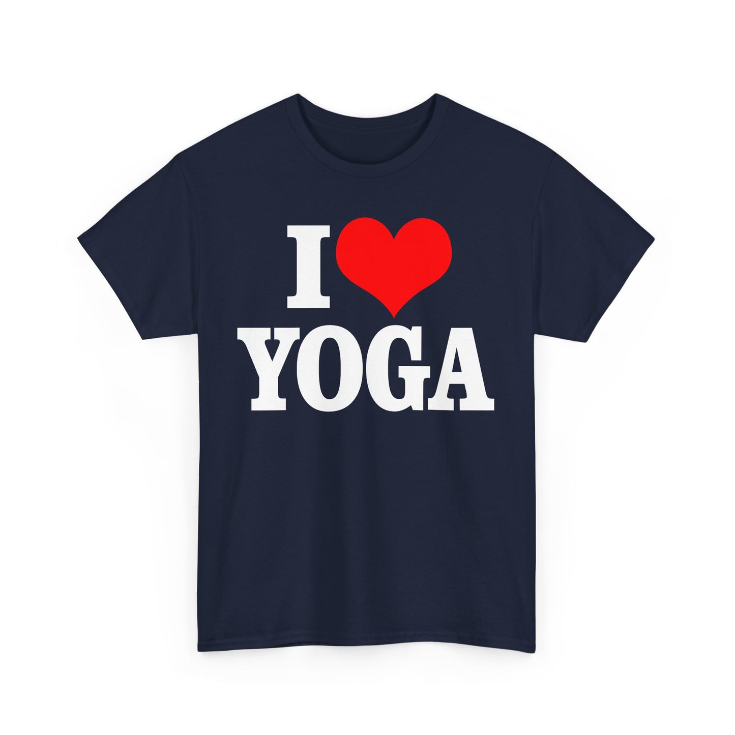 Elegant navy blue I Love Yoga women's t-shirt featuring bold white typography and a red heart graphic, ideal for fitness and wellness lovers.
