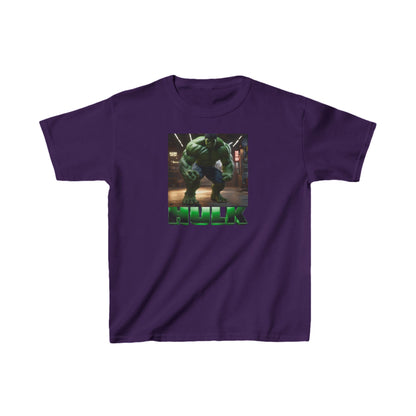 Kids Heavy Duty Incredible Hulk T-Shirt in rich purple showcasing an impressive Hulk print, combining style and resilience for playful kids.