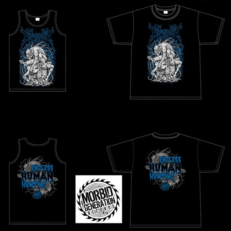 Luxury black tank top featuring the striking 'Endless Human Hunting' design by Gorevent, officially licensed and available through Rancid Offal Records.