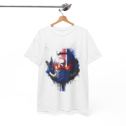 Elegant hanging display of a graphic t-shirt featuring the ‘Stranger Helm’ design, showcasing vibrant artwork with a modern flair on a wooden hanger, perfect for a luxurious fashion setting.