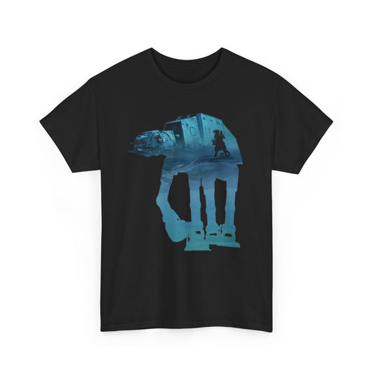 Elegant Star Wars AT-ST vs Tauntaun humorous graphic t-shirt for men and women, featuring a captivating silhouette of the AT-ST walker on a sophisticated black background.