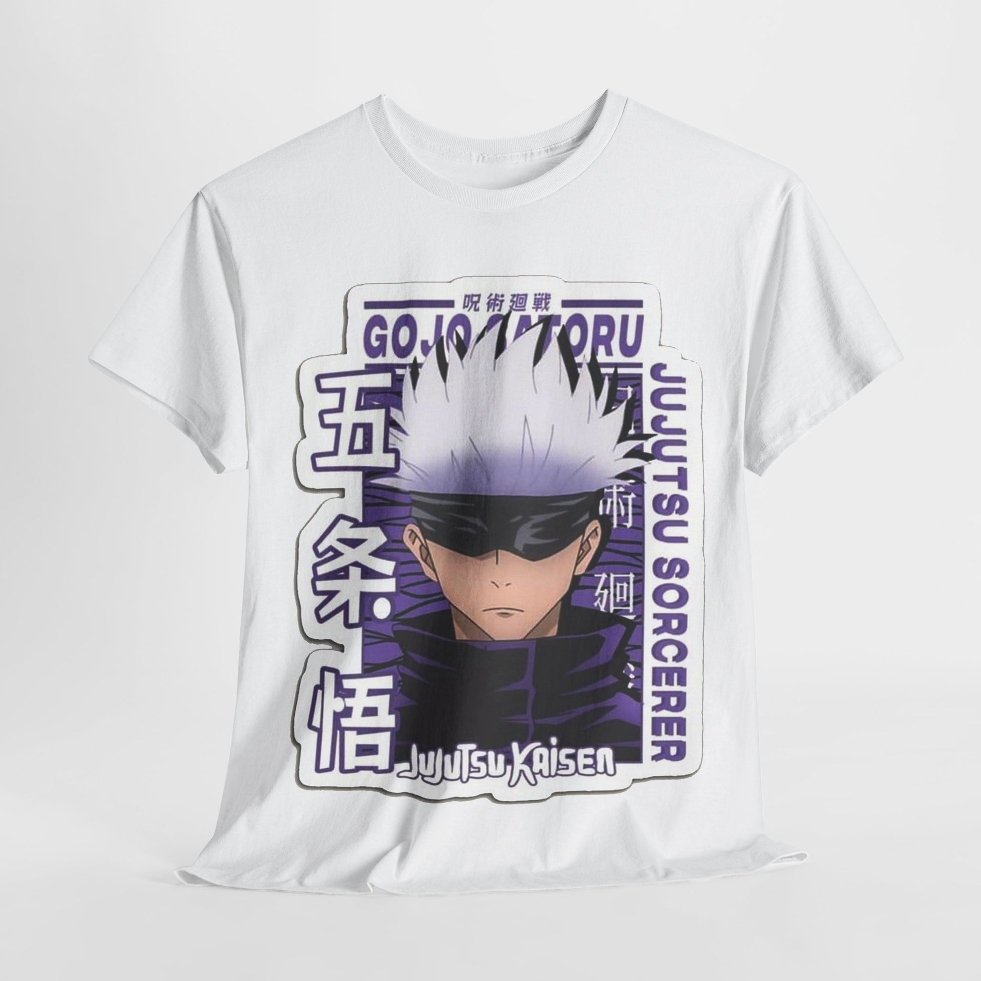 Sophisticated Gojo Satoru T-shirt displayed on a clean backdrop, featuring an eye-catching graphic of the beloved anime character, perfect for discerning fans.