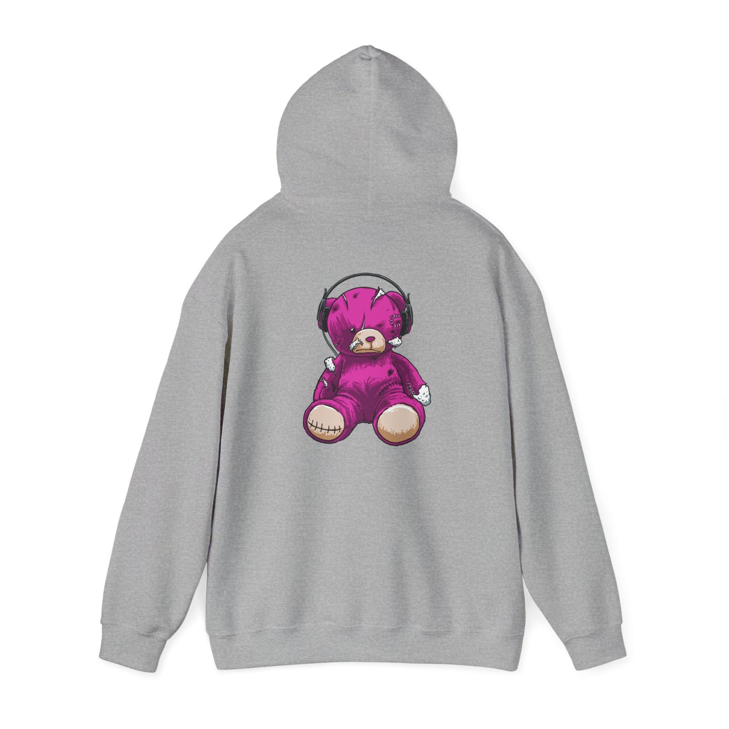Sophisticated grey hoodie featuring a striking distressed purple teddy bear graphic on the back, combining comfort with artistic flair.