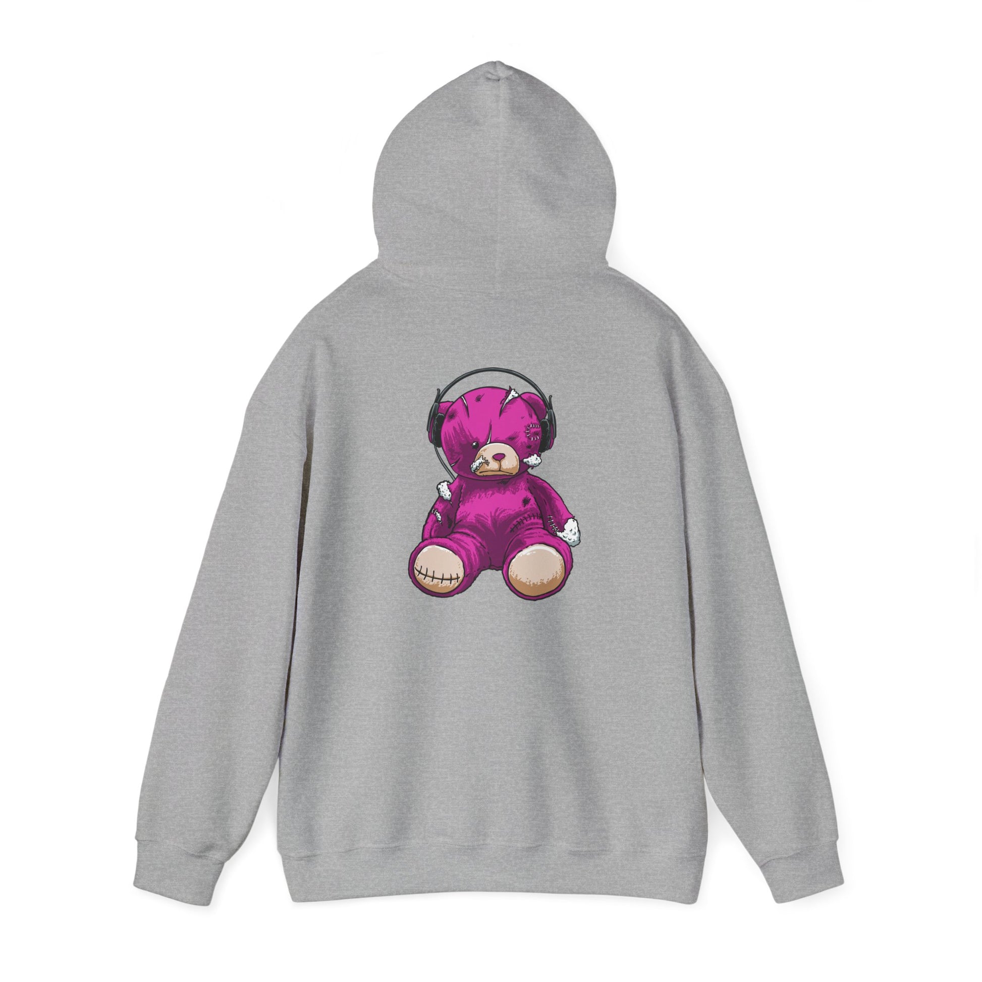 Sophisticated grey hoodie featuring a striking distressed purple teddy bear graphic on the back, combining comfort with artistic flair.