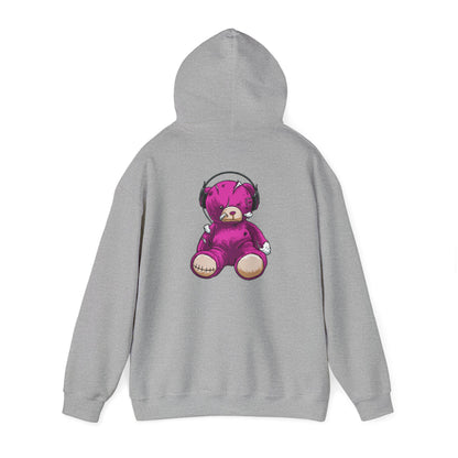 Sophisticated grey hoodie featuring a striking distressed purple teddy bear graphic on the back, combining comfort with artistic flair.