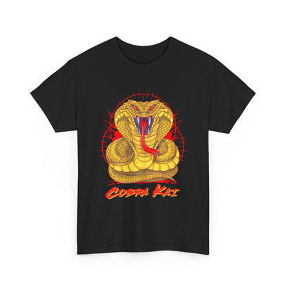 Elegant unisex Cobra Kai T-shirt showcasing a detailed gold snake design, ideal for fans of the iconic series.