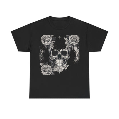 Skulls and Roses Cotton Tee, Unisex Graphic Shirt in black showcasing a captivating steampunk skull design surrounded by exquisite roses, perfect for edgy styling.