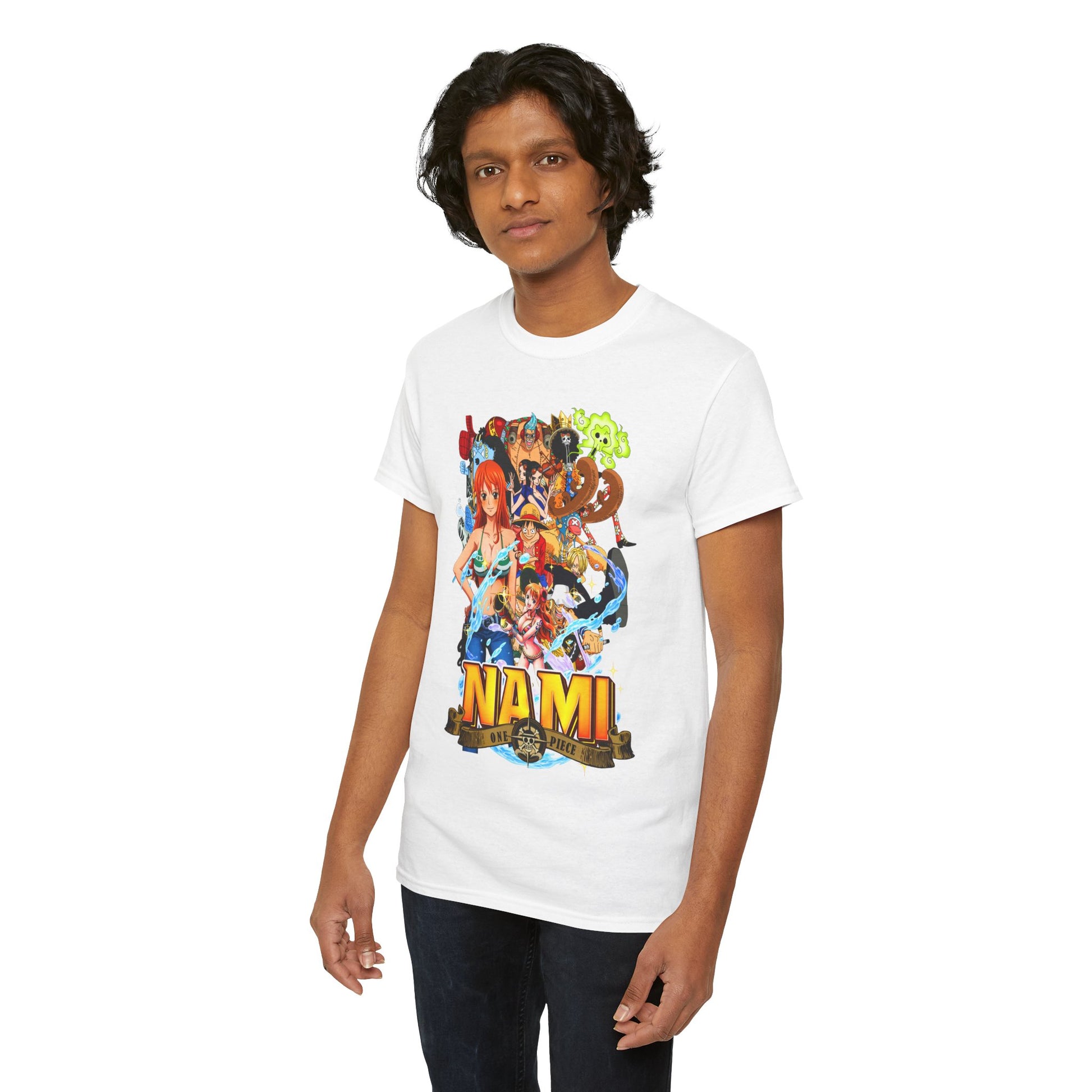 Luxuriously crafted men's t-shirt featuring a colourful Nami graphic design from the beloved anime One Piece, combining style and fandom in a vibrant display.