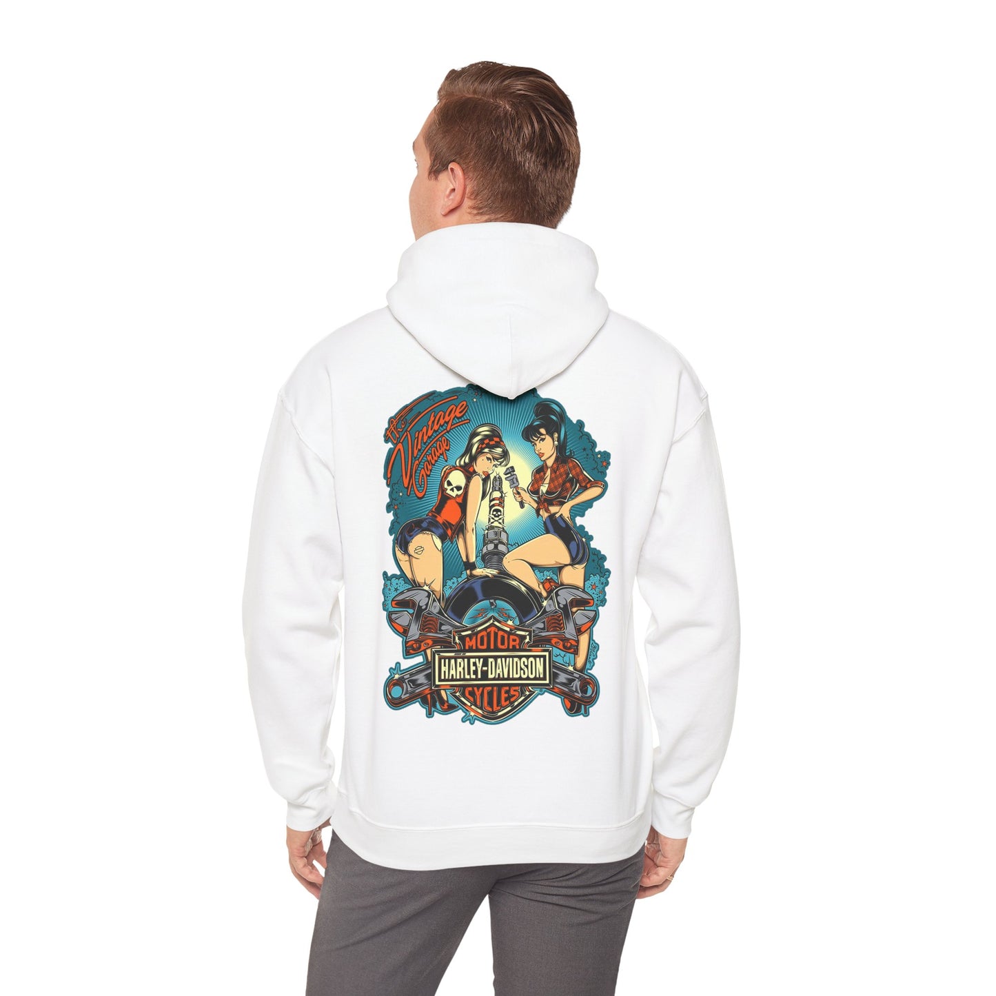 Chic white hoodie worn by a gentleman, displaying the captivating vintage back print of pin-up women and motorcycle inspiration, combining comfort with retro flair.