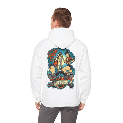 Chic white hoodie worn by a gentleman, displaying the captivating vintage back print of pin-up women and motorcycle inspiration, combining comfort with retro flair.
