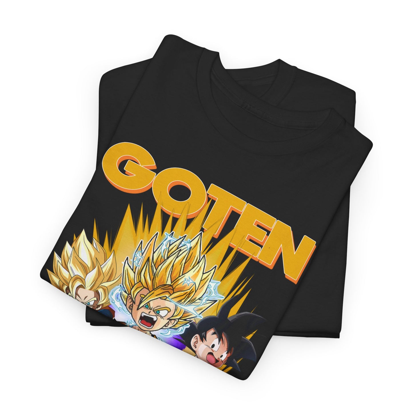 Premium quality folded Dragon Ball Z GOTEN T-shirt showcasing vivid graphics and luxury cotton fabric, perfect for anime enthusiasts.