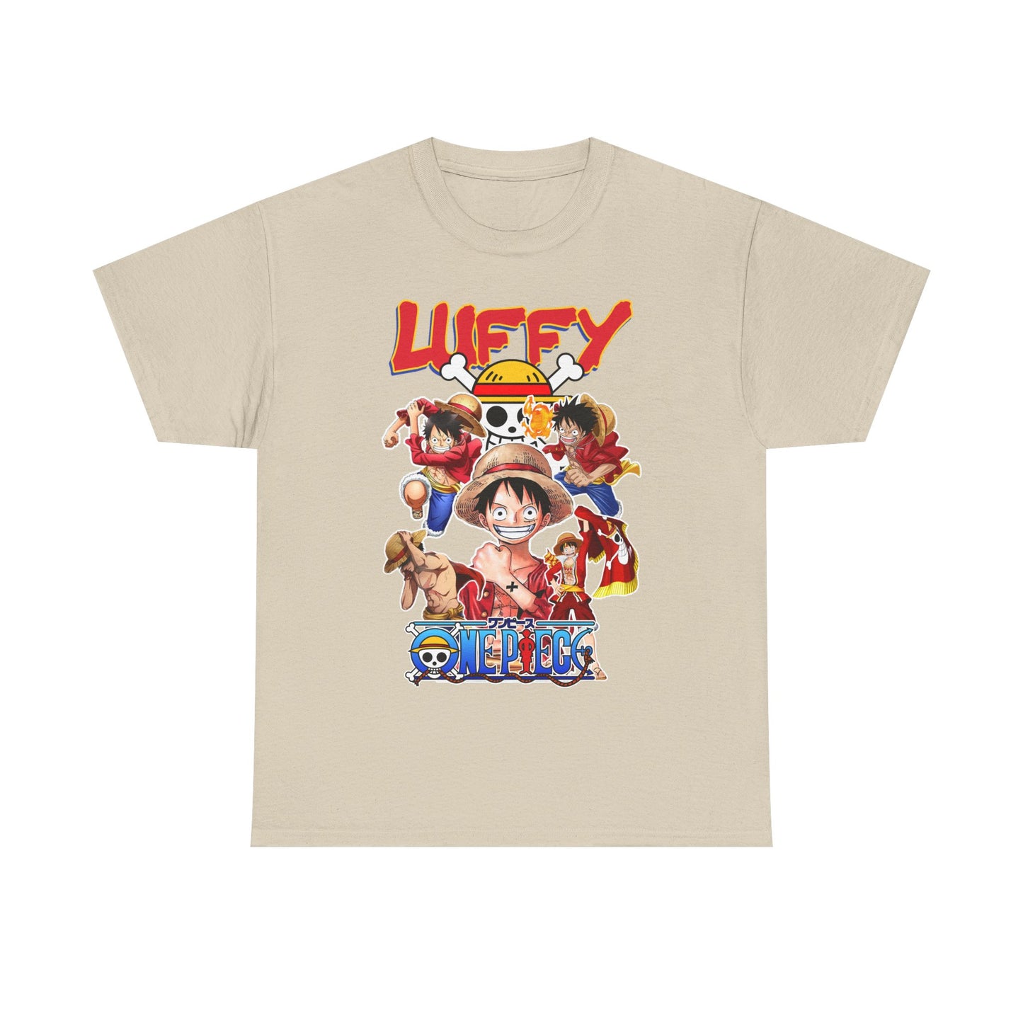 Elegant beige graphic T-shirt with eye-catching anime design of Monkey D. Luffy and companions, merging comfort and fandom, a perfect addition to any discerning anime fan's collection.