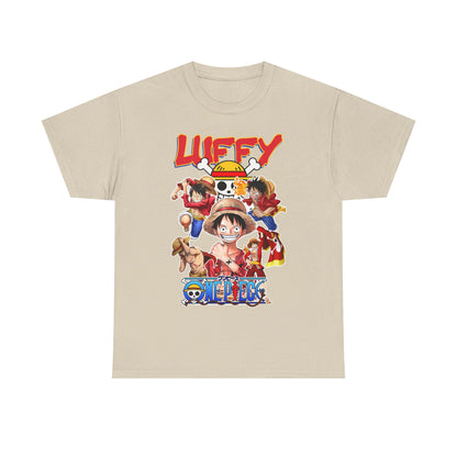 Elegant beige graphic T-shirt with eye-catching anime design of Monkey D. Luffy and companions, merging comfort and fandom, a perfect addition to any discerning anime fan's collection.