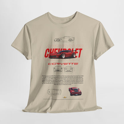 Premium beige men’s t-shirt with detailed Corvette C6 illustrations and bold typography, merging fashion and automotive elegance.