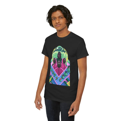 Sophisticated individual wearing a trendy black Squid Game graphic tee, highlighting unique design elements that capture the essence of the series.