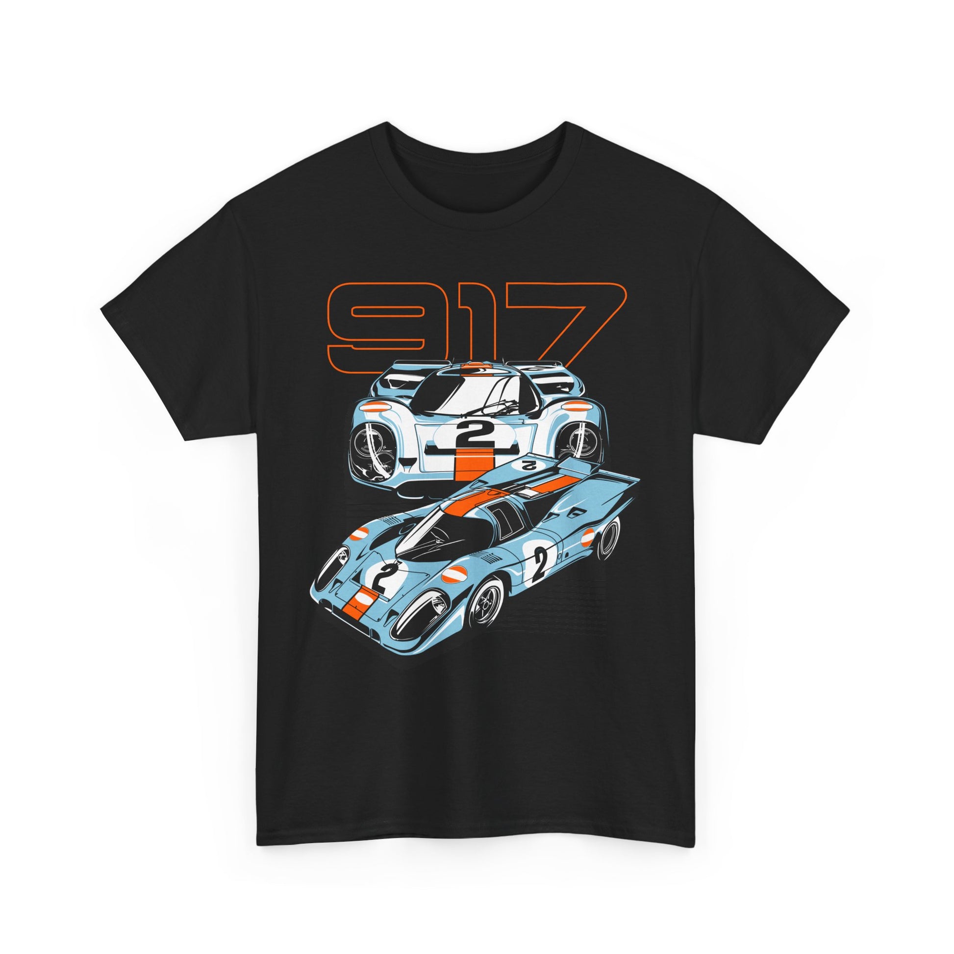 Elegant black t-shirt featuring dynamic graphic design of Porsche 917 race cars, showcasing a blend of vintage and modern aesthetics, ideal for automotive enthusiasts.