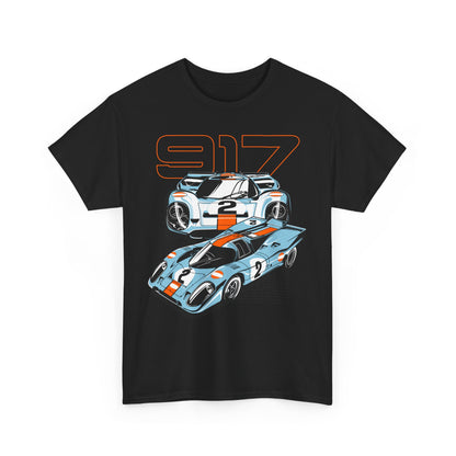 Chic black t-shirt adorned with striking Porsche 917 graphic, displaying two exquisitely illustrated race cars and the bold '917' in vibrant orange, ideal for automotive enthusiasts.