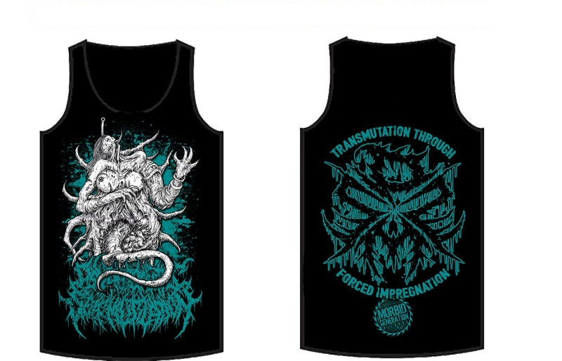 Luxurious and unique tank top featuring 'Psychosomatic Self-Mutilation - Transmutation Through Forced Impregnation' design by Rancid Offal Records, perfect for making a bold fashion statement.