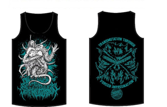Luxurious and unique tank top featuring 'Psychosomatic Self-Mutilation - Transmutation Through Forced Impregnation' design by Rancid Offal Records, perfect for making a bold fashion statement.