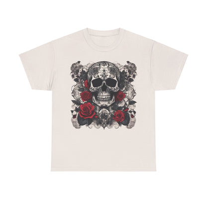 Skulls and Roses Cotton Tee, Unisex Graphic Shirt, beautifully captured in an off-white shade, adorned with an elegant skull and rose illustration.