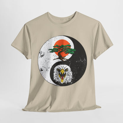 Luxurious unisex graphic tee featuring an intricate yin-yang design, blending the fierce image of a bald eagle with a serene bonsai tree under a radiant rising sun, perfect for martial arts enthusiasts who appreciate both style and philosophy.