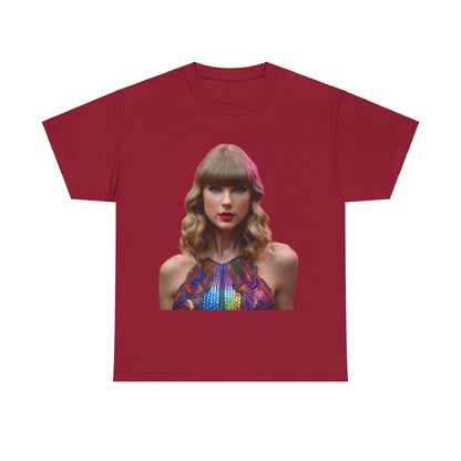 Luxurious Swifties Psychedelic Taylor Swift Heavy Cotton Tee in rich burgundy, featuring a stunning graphic print of Taylor Swift, perfect for devoted fans seeking bold fashion.