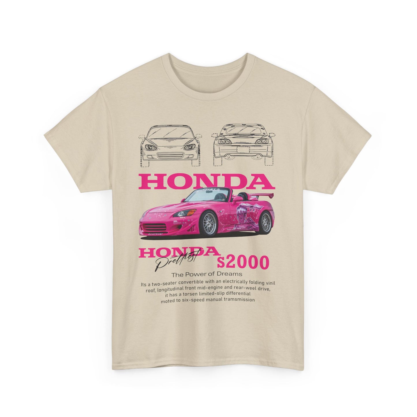 Men's Honda S2000 T-shirt in beige, displaying vibrant graphics of the iconic car, perfect for showcasing automotive pride.
