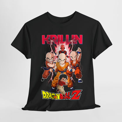 Luxurious black Dragon Ball Z T-shirt featuring Krillin and Z Fighters in dynamic poses, accentuated with bold, vibrant graphics and striking lightning effects.