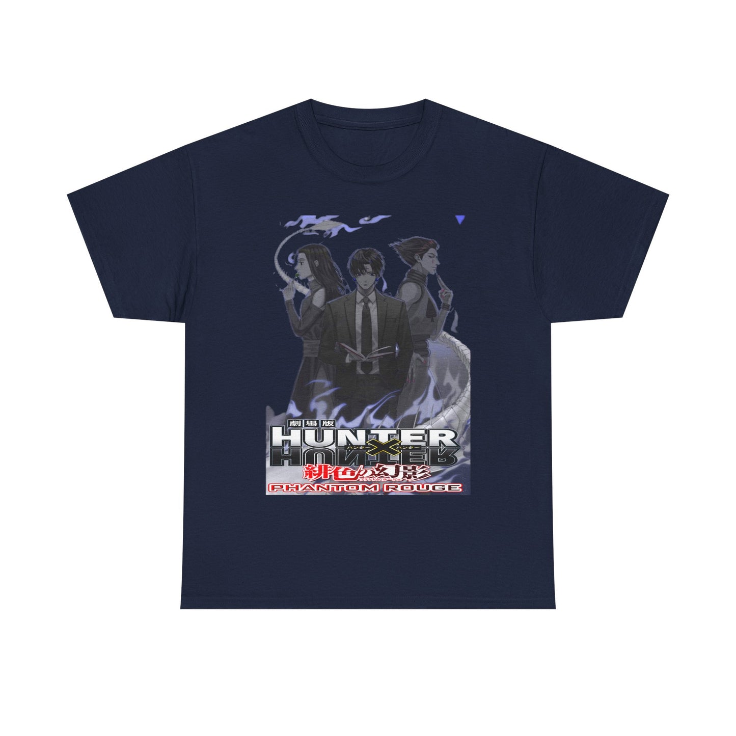 Sophisticated navy Hunter x Hunter Phantom Rouge T-shirt featuring intricate character designs and a blend of style and comfort for fans.