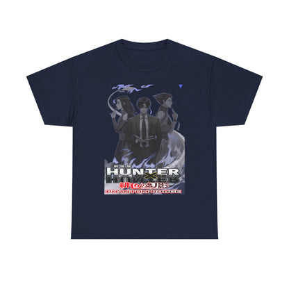 Sophisticated navy Hunter x Hunter Phantom Rouge T-shirt featuring intricate character designs and a blend of style and comfort for fans.