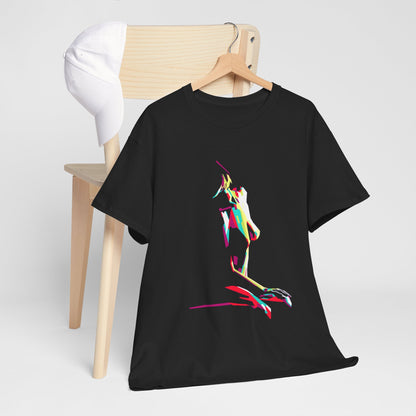 Chic black t-shirt showcased on a chair beside a white cap, designed with an eye-catching abstract illustration, ideal for unique fashion statements.