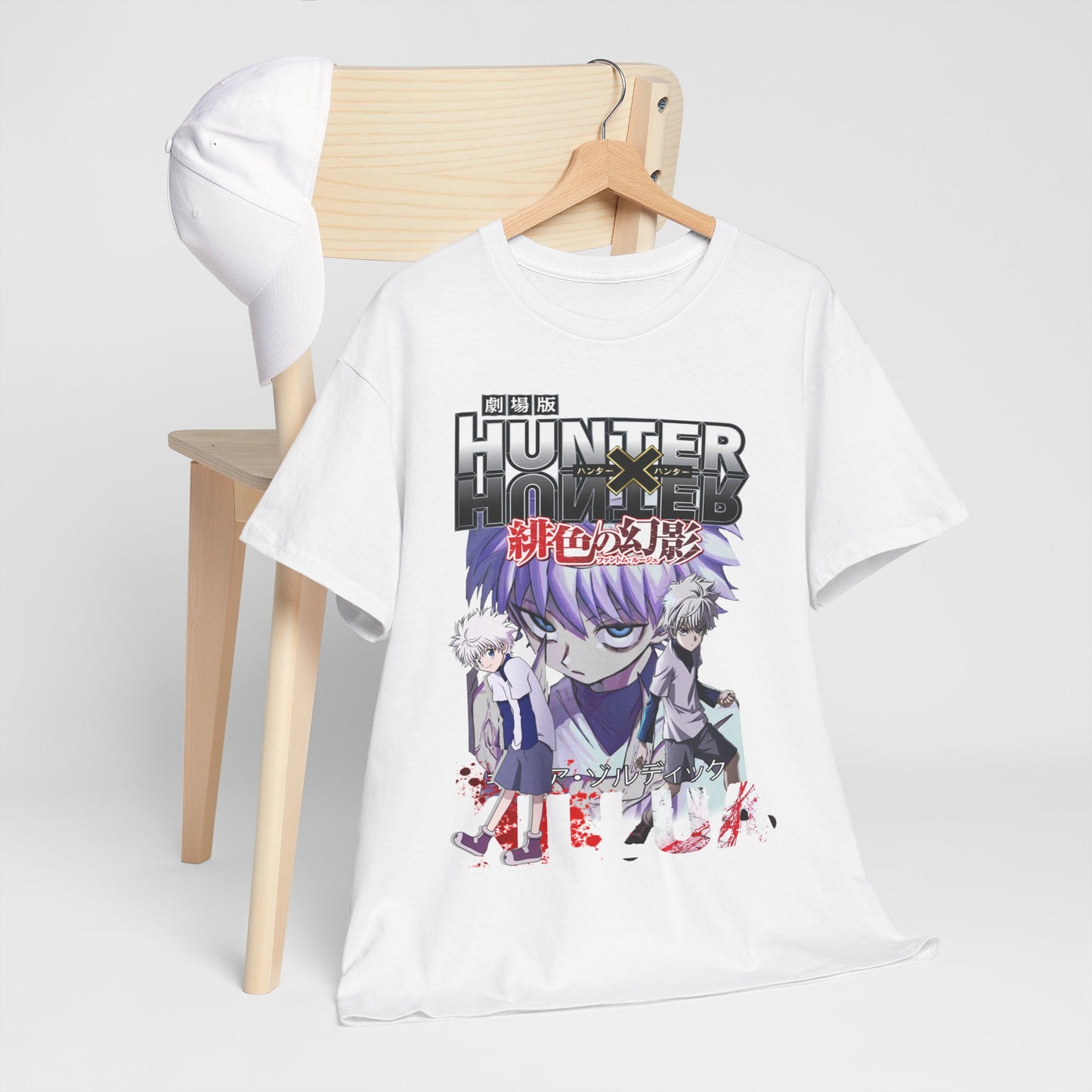 Exquisite graphic t-shirt featuring Killua and Gon from Hunter x Hunter, set against a vivid background with dynamic colors and intricate design, presented elegantly on a minimalist wooden chair.