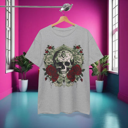 Skulls and Roses Cotton Tee displayed elegantly on a hanger in a vibrant interior, showcasing the captivating skull and rose graphic, ideal for fashion-forward individuals.