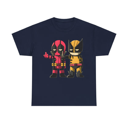 Deadpool and Wolverine Humorous Graphic Unisex Tee Shirt in navy, displaying playful chibi artwork of Deadpool and Wolverine.