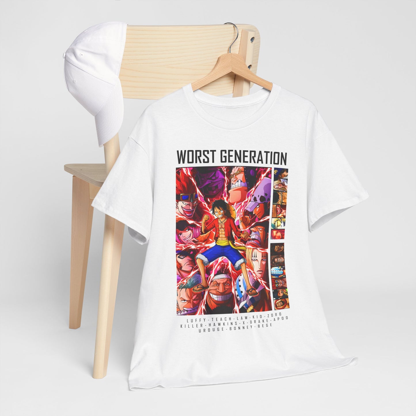 Worst Generation' T-shirt on a stylish chair alongside a cap, portraying an adventurous fashion statement that blends luxury with anime enthusiasm.