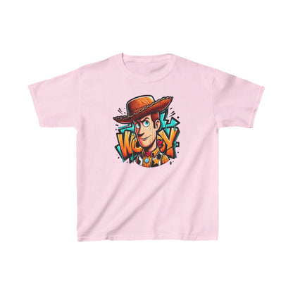Luxury Childs Woody Graffiti Unisex Graphic Tee Shirt in soft pink showcasing a vibrant graffiti-inspired graphic of Woody, the beloved Toy Story cowboy.