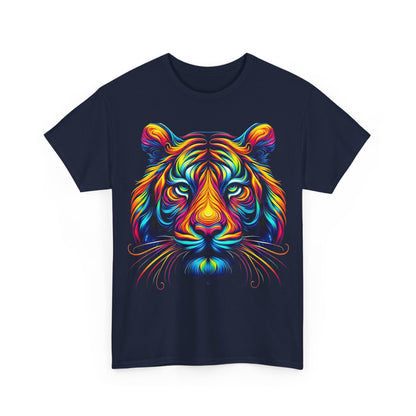 Tiger's Whimsy Graphic Tee featuring a vibrant multicolour stylized tiger design on a navy background, embodying artistic elegance and whimsy.