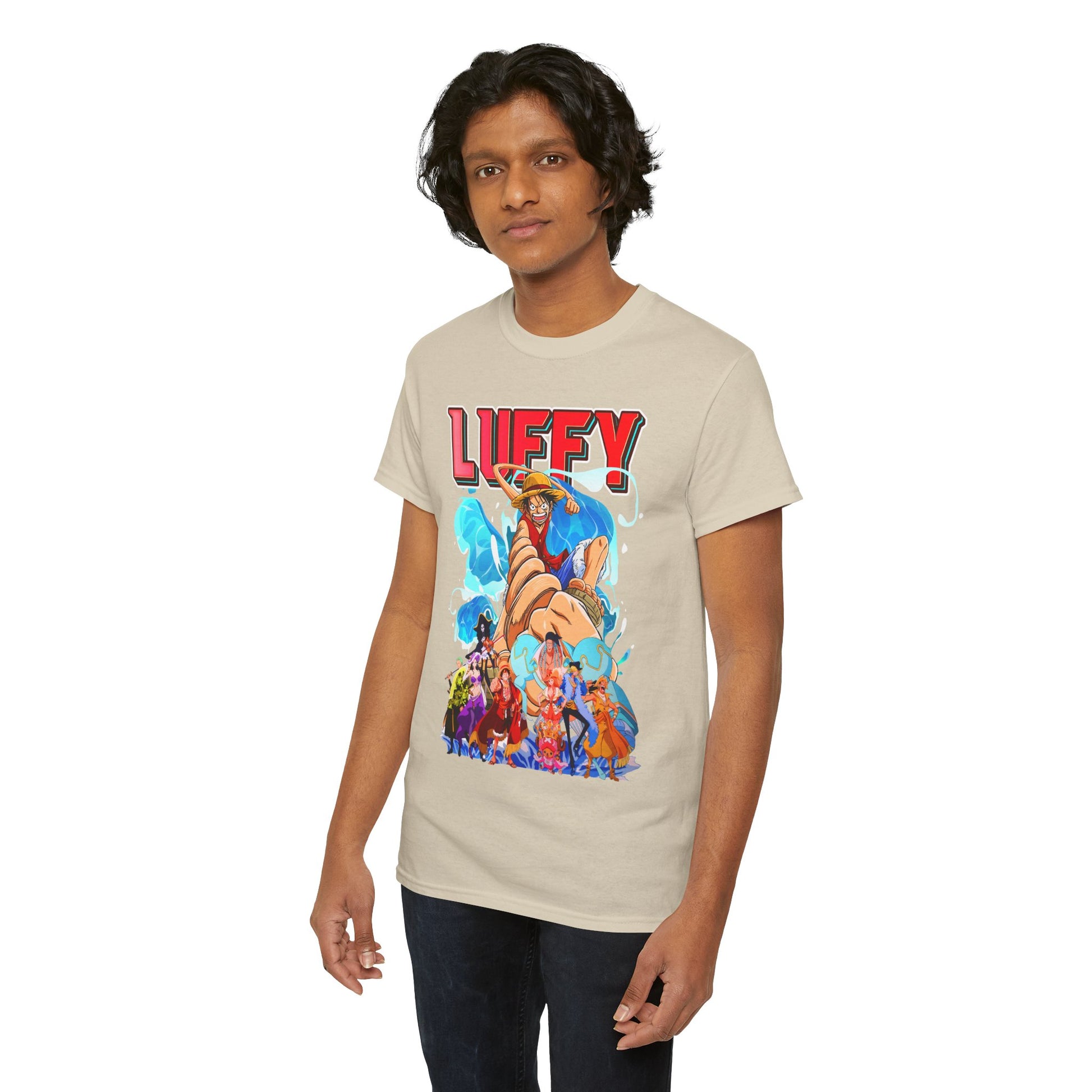 Sophisticated men's t-shirt, depicting an artistic Luffy design from One Piece, worn by a model showcasing a sleek silhouette and modern style.