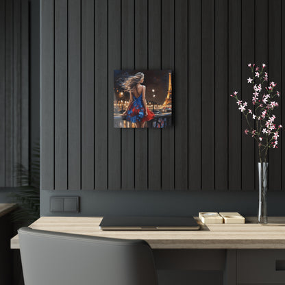 The Captivating Enchantment: City Stroll Acrylic Print displayed elegantly on a wall, showcasing its charming design in a sophisticated interior setting. The piece beautifully depicts a woman against the backdrop of Paris, enhancing the decor with its artistic allure.