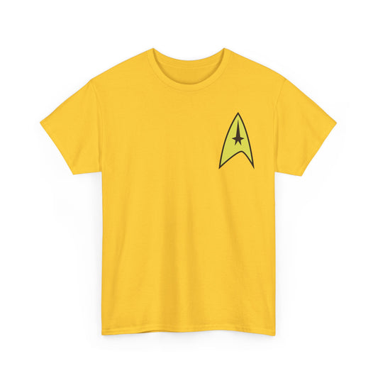 Luxurious Star Trek Starfleet uniform unisex graphic T-shirt in vibrant yellow, featuring the iconic Starfleet insignia on the chest.