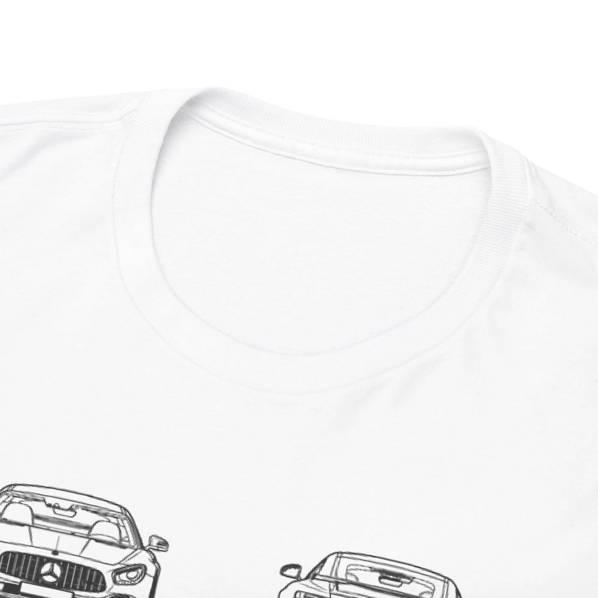 Close-up of the collar of a luxurious white T-shirt featuring intricate line drawings of cars, exuding a refined sense of style.