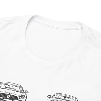 Close-up of the collar of a luxurious white T-shirt featuring intricate line drawings of cars, exuding a refined sense of style.
