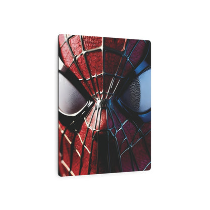 Angled view of the Spider-Man Metal Wall Art Poster, highlighting the high-quality matte aluminium design with a focus on Spider-Man's striking eyes, enhancing modern decor.