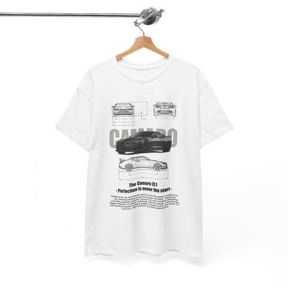 Chic Chevy Camaro ZL1 Graphic Tee for Men, elegantly hung to display the iconic Camaro ZL1 graphic, merging automotive artistry with a sense of refined style.